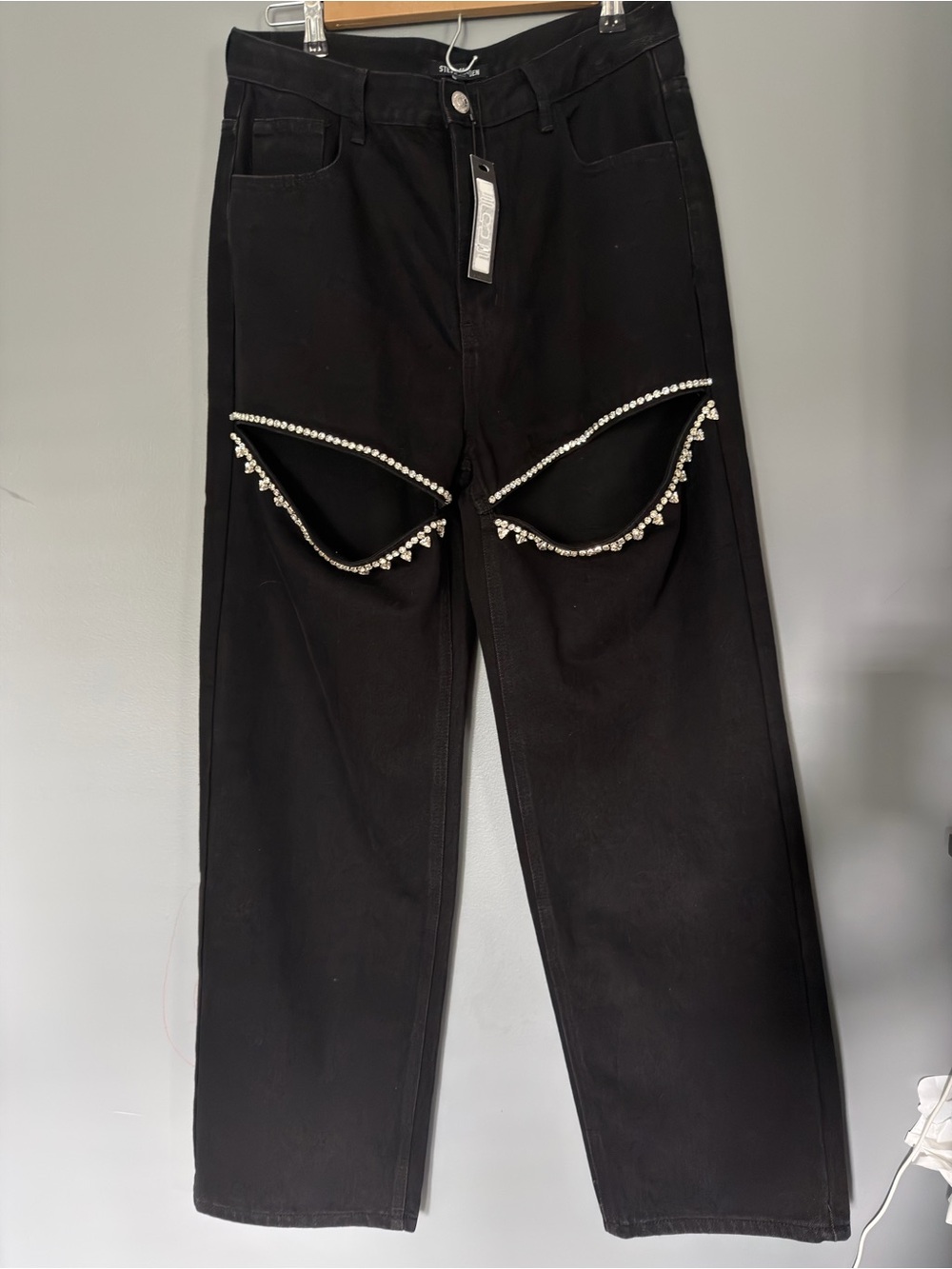 Steve Madden Taylor Black Straight-Leg Jeans with Crystal Trim